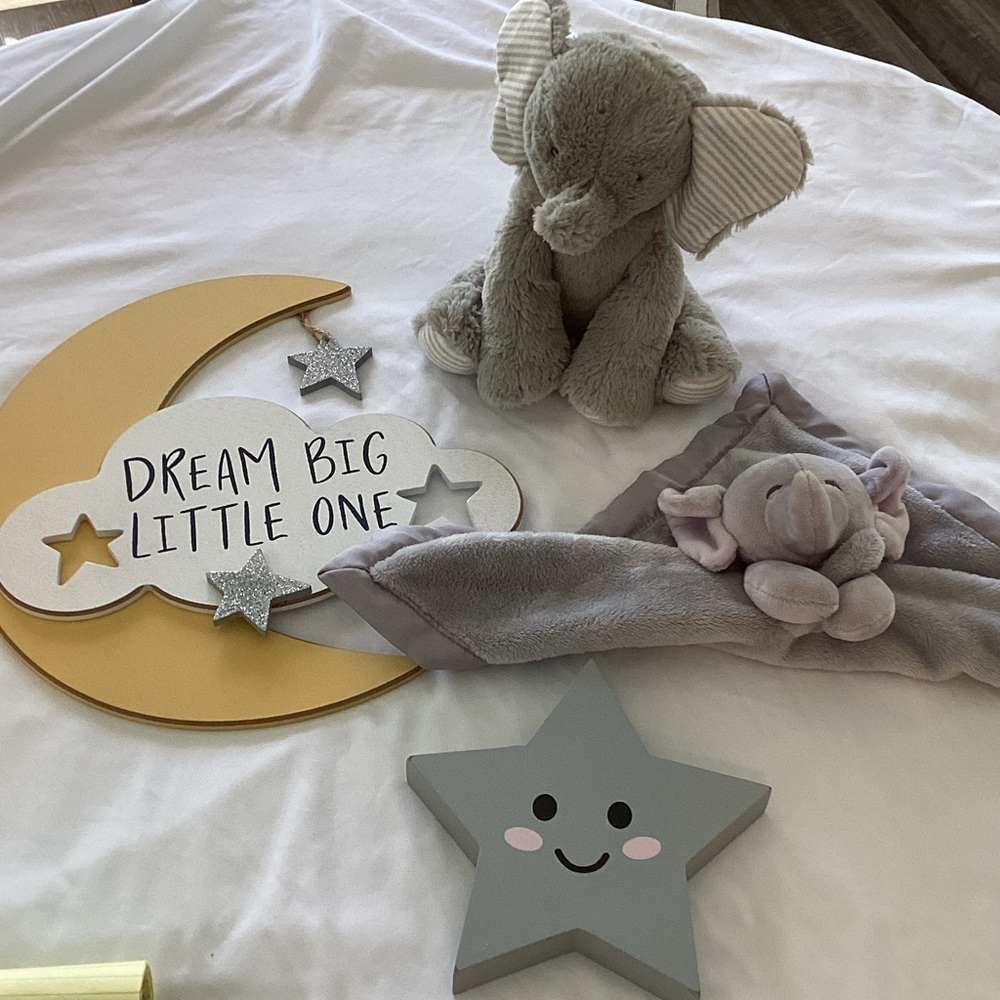 Hobby Lobby Gray Elephant Plush with Gold Moon Decor
